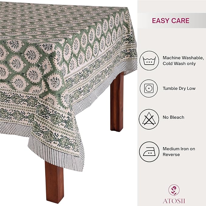 ATOSII Kari Green 100% Cotton Square Boho Summer Tablecloth, Block Print Floral Table Cloth Linen for Dining, Parties, Wedding, Outdoors Home Decor 60 X 60 Inches I 4 Seater I