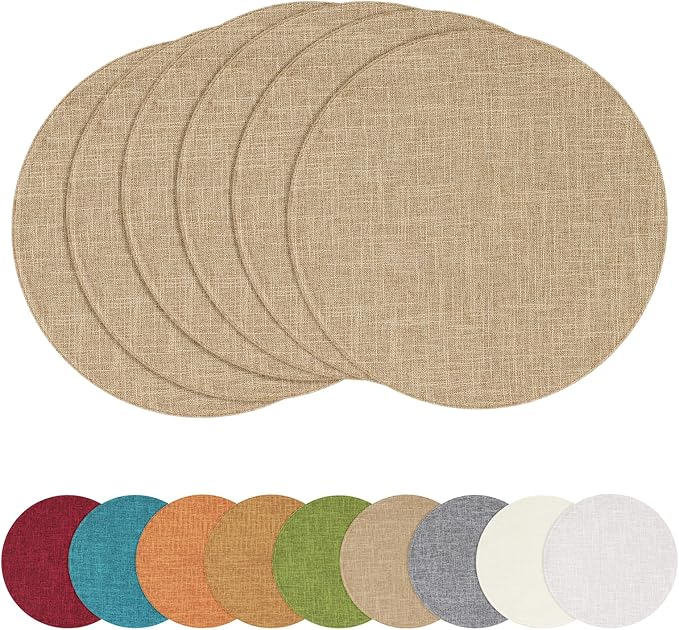homing 15 Inch Round Cloth Placemats Set of 6, Cotton Linen Blend Washable Table Mats, Farmhouse Dining Place Mats for Indoors & Outdoors, Easy to Clean, Linen