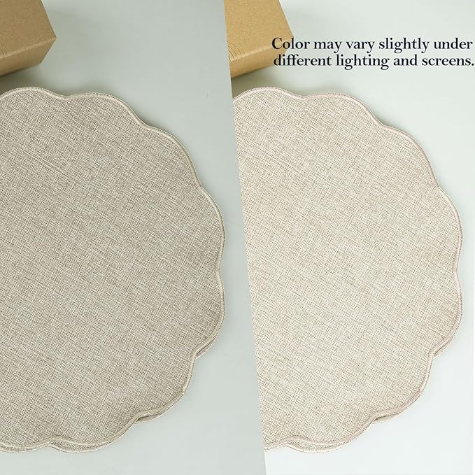 AHHFSMEI Round Faux Linen Placemats Set of 8 Waterproof Table Mats Heat Resistant Non-Slip and Stain Proof for Kitchen Dining Elegant Decor (Beige,8)