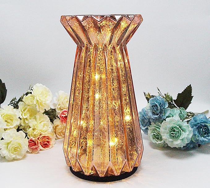 Home Decor, Mercury Glass Pillar Candle Pedestal Holders with led Lights, Lighted up Candle Holder for Pillar Candle, Glass Candlestick Holders with Timer for Wedding Dining Table Xmas (Rosegold)