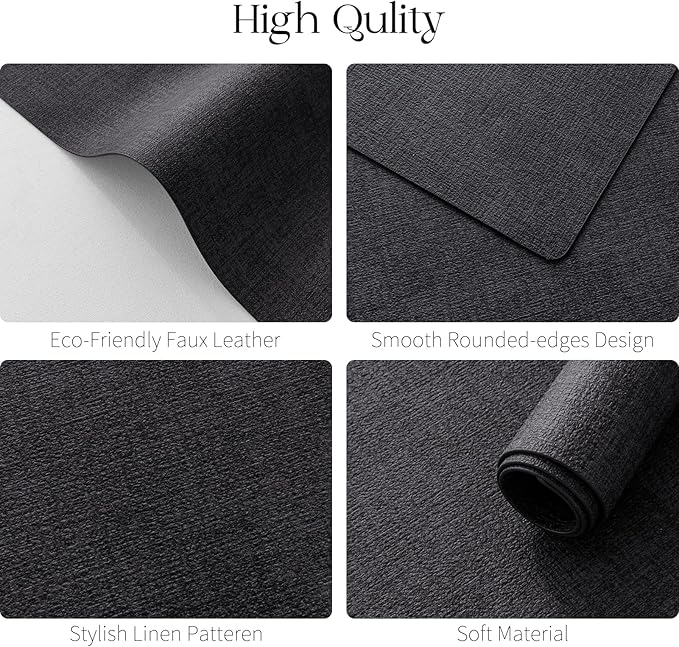 MOSAYT Placemats Set of 8, Heat Resistant Vinyl Place Mats with Coasters, Wipeable Washable 100% Waterproof Oil Proof Faux Leather Table Mats for Kitchen Dining Party Outdoor, 12" x 17", Black