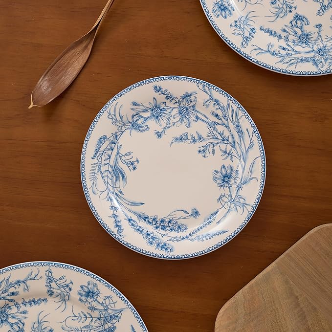Bico Blue Garden Toile De Jouy Salad Plates Set of 4, 8.75 Inch Ceramic Dessert Plates for Salad, Appetizer, Side Dishes, Microwave and Dishwasher Safe, Gift for Housewarming and Thanksgiving