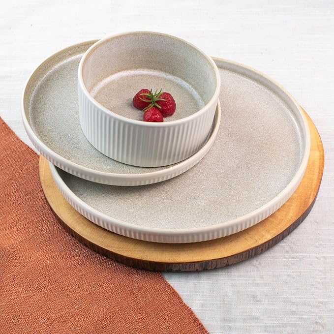 Sango 12 Pieces Stoneware Fluted Dinnerware Set, Modern Cream Dishes for 4, Premium Serving Plates and Bowls Sets, Chip & Scratch Resistant, Ceramic Kitchen Dish, Microwave & Dishwasher Safe, Anderson