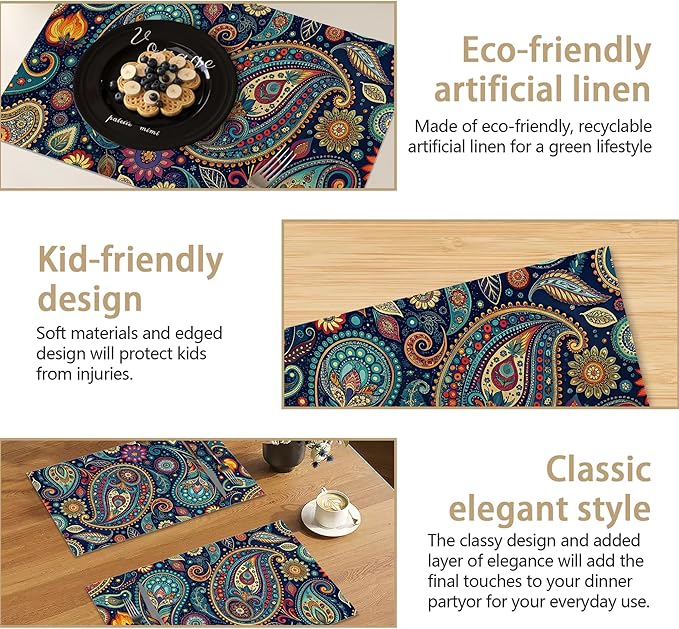 Table Placemats Set of 6 Indian Vintage Paisley Pattern Blue Place Mats Washable Kitchen Dining Linen Table Mats Stain Heat, for Home Party Indoor 12x18 in