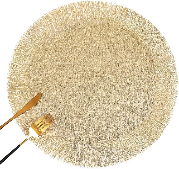 FAVE Set of 12 Round Gold Vinyl Placemats, Luxury Spiral Pattern for Formal Events, Restaurant, Parties, Birthdays (15 Inch,12PCS)
