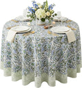 ATOSII Clover Blue 100% Cotton Round Boho Fall Tablecloth, Handblock Floral Table Cloth Linen for Kitchen Dining I Parties Weddings Outdoors Christmas Thanksgiving I 90" Inches Round I 6-8 Seater