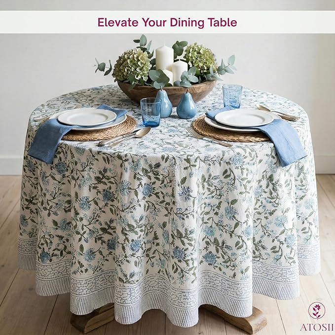 ATOSII Mahoka Blue 100% Cotton Round Tablecloth, Block Print Floral Table Cloth for Dining, Parties, Weddings, Outdoors, Holidays I 60" Inches I Grandmillennial Farmhouse Boho Spring Summer