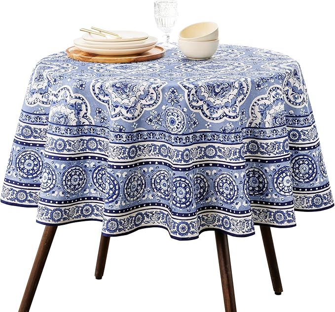 Maison d' Hermine Table Cloth Round Table 100% Cotton 63 Round Inches Tablecloth Reusable Decorative for Dining Room Farmhouse Home Valentines Day Decorations Spring Summer - Melodie Bleue