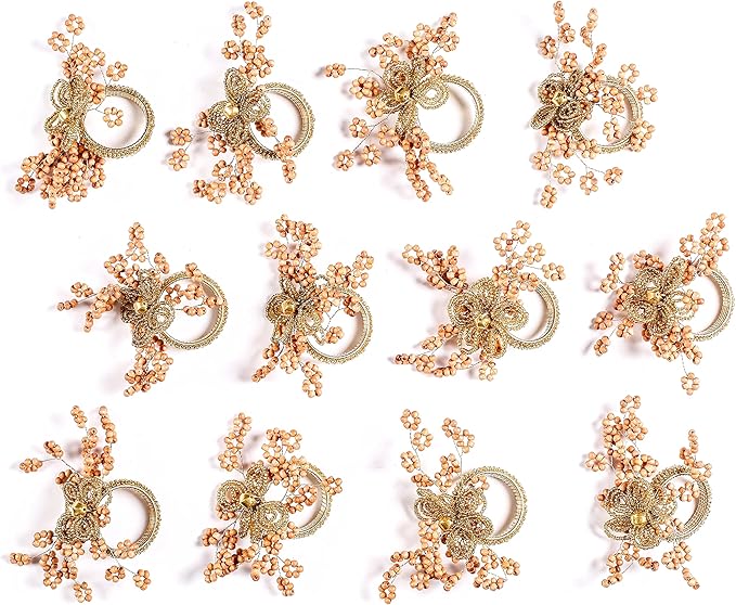Natural Wooden Beads Napkin Ring Set of 12 - Elegant Fancy Beautiful Decorative Napkin Holder for Dinner Table Décor, Christmas, Farmhouse, Wedding, Party, Easter & Everyday Use