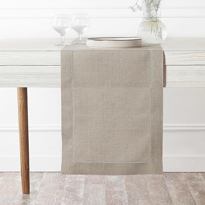 D'Moksha Homes Linen Natural Table Runner 36 Inches - 100% Pure Linen Small Table Runner 14 x 36 Inch Ideal for Dresser, Coffee Tables, Valentines, Spring, Easter - Classic Hemstitch