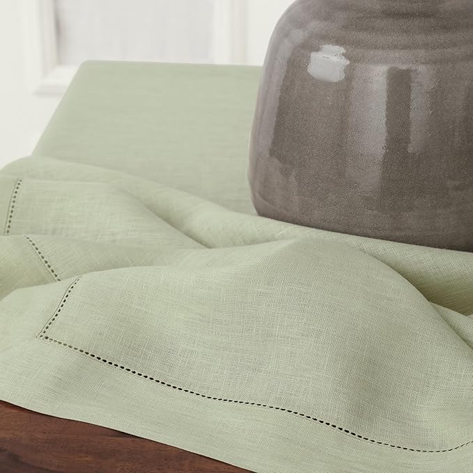 Solino Home Linen Sage Green Table Runner 72 Inches Long - 100% Pure Linen Hemstitch Table Runner 14 x 72 Inch for Dresser, Dining, Spring, Easter, St Patricks Day - Classic Hemstitch
