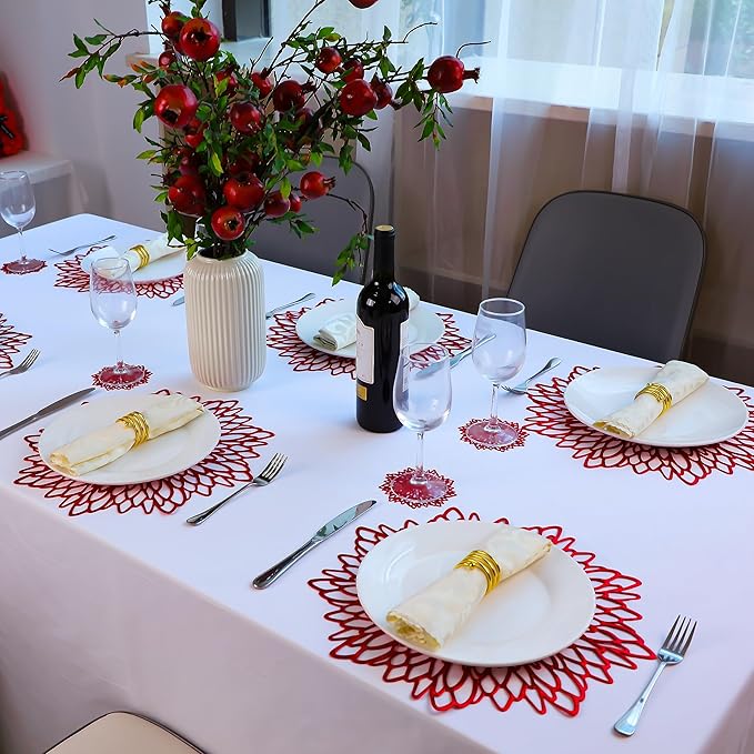 Snowkingdom 6 Pack Red Placemats Metallic Shiny Pressed Vinyl Dining Mats Round Leaf Floral Mother's Day Table Decoration for Halloween Christmas Valentine's Day Weddings Holiday Celebrations