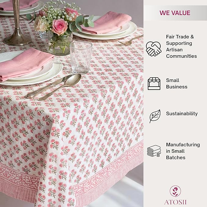 ATOSII Gulbahar White Pink 100% Cotton Fall Rectangle Tablecloth, Handblock Print Floral Table Cloth for Kitchen Dining Linen I Thanksgiving Christmas Weddings Outdoors I 72 X 108 Inches I 8 Seater