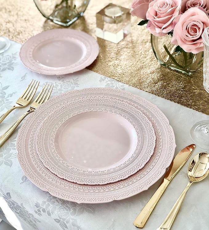" OCCASIONS " 80 Plates Pack,(40 Guests) Extra Heavyweight Vintage Wedding Disposable/Reusable Plastic Plates 40x11'' Dinner+40 x 8.25'' Salad/Dessert Plate (Chateau Blush Pink)