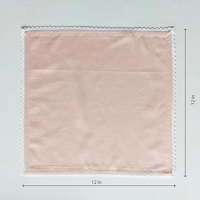 Fingercraft Dinner Cloth Napkin Cotton Linen Blend 12 Pack Mitered Corners with Elegant Lace for Everyday Use Napkins are Pre Shrunk and Good Absorbency (Pink, 12in x 12in)