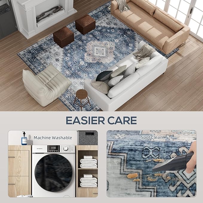 HOMCOM Washable Area Rug, 8'x10' Vintage Indoor Distressed Carpet, Retro Floor Cover Foldable, Floral Print Mat for Living Room, Bedroom, Dining Room, Blue