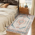 HOMCOM Washable Area Rug, 4'x6' Vintage Indoor Distressed Carpet, Retro Floor Cover Foldable, Floral Print Mat for Living Room, Bedroom, Dining Room, Brown and Blue