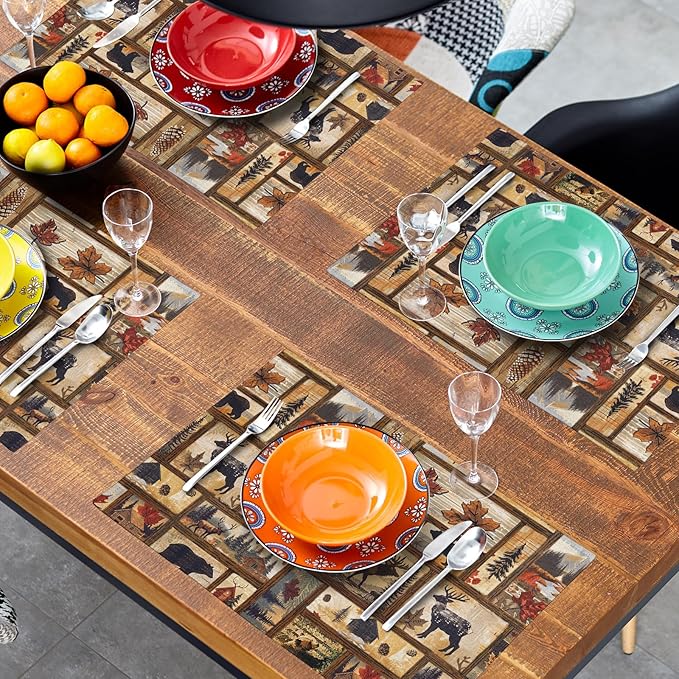 Rustic Bear Deer Place Mats - Vintage Cabin Moose Placemats Set of 4 Forest Animal Wildlife Table Mats Lodge Pine Cone Tablemats 12x18 for Dining Kitchen Farmhouse