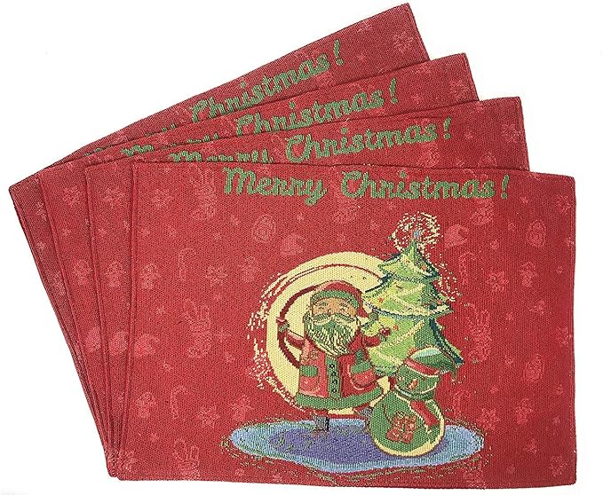 DaDalogy Red Merry Christmas Santa Claus Placemats Set of 4 Festive Winter Holiday Tapestry - Cotton Linen Wove Dining Room Table Mats - 13” x 19” (17615)