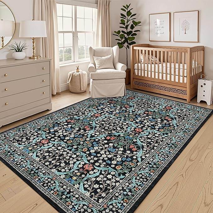 GarveeHome 8x10 Area Rugs, Washable Rugs for Living Room Non Slip Stain Resistant Ultra Soft Floral Rug, Boho Carpet Floor Mat for Bedroom Dining Room Nursery Playroom Office, Black