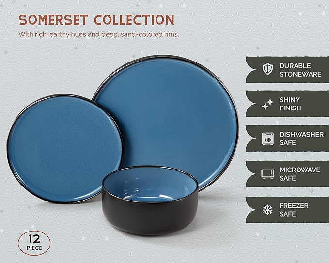 Dinnerware Set, 12 Piece Service for 4, Vase and Vessel, Ceramic 10.5” Dinner Plates, 8.2” Salad Plates and 20 oz Bowls, Stoneware, Somerset Collection (Black/Slate Blue)