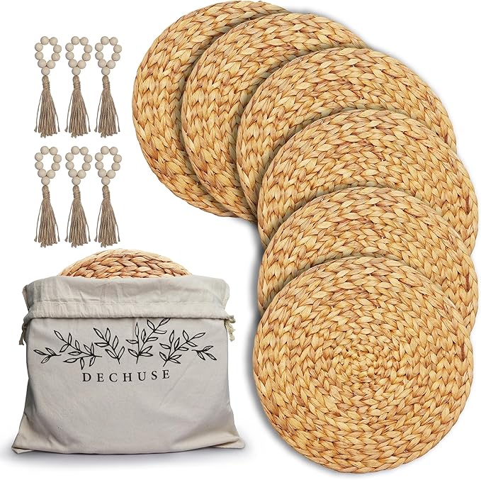 Round Woven Placemats Set of 6 (15 Inch) with Napkin Rings & Canvas Bag – Water Hyacinth Boho Farmhouse Table Mats, Heat Resistant Natural Wicker Chargers for Dining Table Decor by DECHUSE