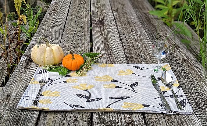 DaDa Bedding Yellow Fleur Floral Botanical Dining Table Placemats - Set of 4-Pieces Tapestry Spring Time Golden Orange Floral Garden Design - Decorative Cotton Linen Woven Kitchen Mats - 13” x 19”