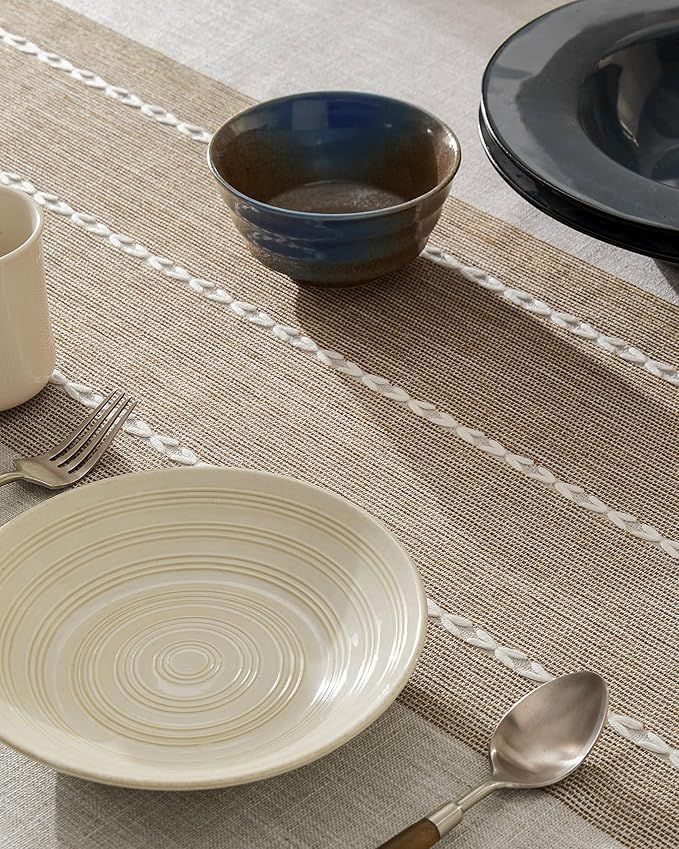 ZeeMart Contrast Linen Table Cloth Rectangle Table Cloths 60x84 Inch Brown, Farmhouse Style Heavy Weight Beige Tablecloth, Water Resistant Burlap Tablecloths