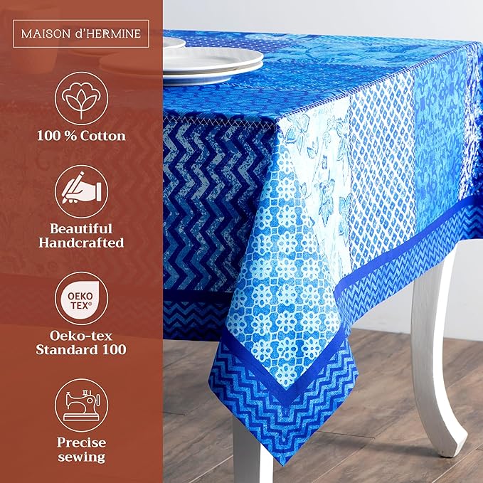 Maison d' Hermine Table Cloth Rectangle Table 100% Cotton 70 x 120 Inches Tablecloth Reusable Decorative for Dining Room Farmhouse Home Valentines Day Decorations Spring Summer - Indigo Love