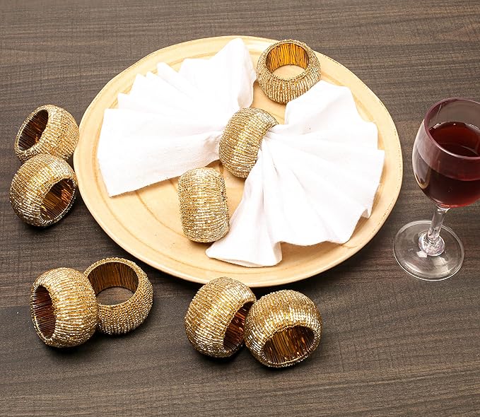 Napkin Ring Gold, Napkin Rings Set of 12, Beaded Napkin Holders, Round Napkin Rings Bulk for Christmas Party Decoration, Dinning Table, Everyday, Family Gatherings - Set Your Table with Style - Gold