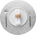 Jovono 15" Faux Leather Big Round Placemats Set of 4 - Washable Heat Resistant Non-Slip Dining Table Mats with Fabric Texture for Kitchen Home Party Wedding Decor, Silver