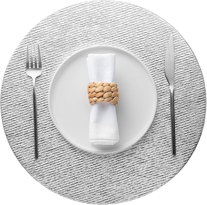 Jovono 15" Faux Leather Big Round Placemats Set of 8 - Washable Heat Resistant Non-Slip Dining Table Mats with Fabric Texture for Kitchen Home Party Wedding Decor, Silver