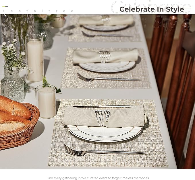Leetaltree Luxury Beige and Gold Woven Placemats Set of 6 - Waterproof Washable Textured Table Mats for Wedding, Anniversary, Daily Use - Sparkling Metallic Thread Table Decor - Hand-Cut