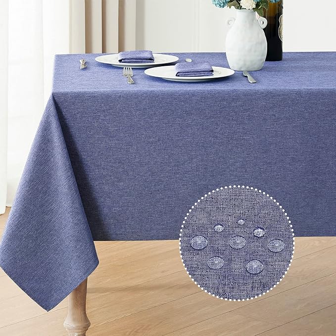 Rectangle Tablecloth Linen Textured Waterproof & Stain Resistant Table Cloth Wrinkle Free Decorative Fabric Farmhouse Table Cover for Dining/Party/Buffet/Wedding, 60 x 144 Inch, Demin Blue