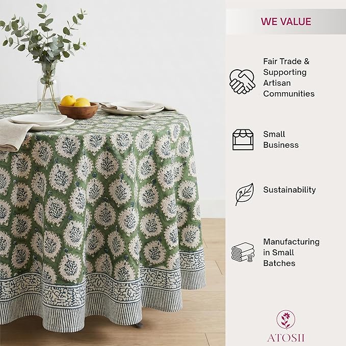 ATOSII Kari Green 100% Cotton Round Tablecloth, Handblock Print Floral Table Cloth for Kitchen Dining Linen I Parties, Weddings, Outdoors, Easter, Spring Summer Decor I 60" Inches Round