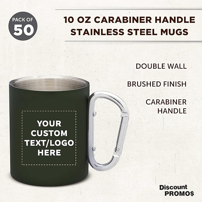Custom Stainless Steel Mugs with Carabiner Handle 10 oz. Set of 50, Personalized Bulk Pack - Perfect for Coffee, Soda, Other Hot & Cold Beverages - Army Green