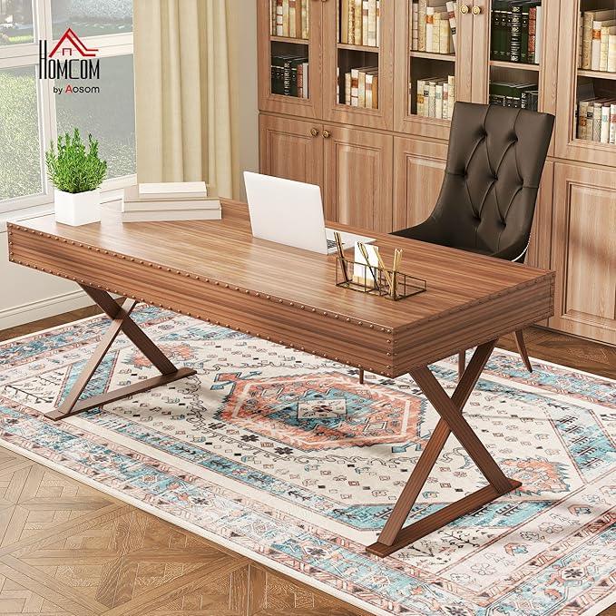 HOMCOM Washable Area Rug, 4'x6' Vintage Indoor Distressed Carpet, Retro Floor Cover Foldable, Floral Print Mat for Living Room, Bedroom, Dining Room, Brown and Blue