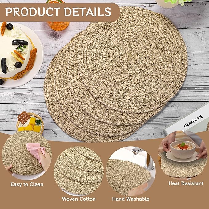 Kochorie Set of 8 Woven Cotton Round Placemats, 13 Inch Boho Table Place Mats for Kitchen and Dining Table, Farmhouse Heat Resistant Washable Trivets, Fall Thanksgiving Christmas Décor (Brown)