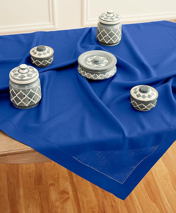 Solino Home Linen Square Tablecloth 52 x 52 Inch - 100% Pure Linen Royal Blue Table Throw - Classic Hemstitch, Machine Washable Table Cloth for Spring