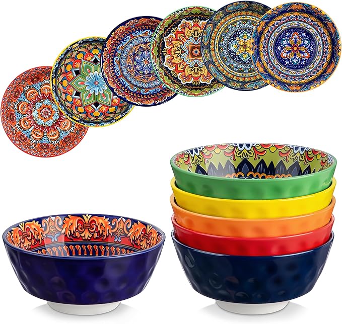 vancasso Boho Cereal Bowls Set of 6, 26 oz Ceramic Soup Bowls with Colorful Bohemian Pattern, Microwave & Dishwasher Safe Serving Bowls for Salad, Oatmeal, Pasta, KRVI Series