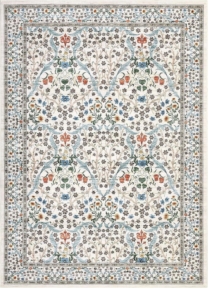 GarveeHome Floral Area Rugs 5x7, Washable Rug for Living Room, Bedroom, Low Pile Non Slip Stain Resistance Indoor Boho Carpet Mat for Farmhouse, Dining Room, Office, Beige