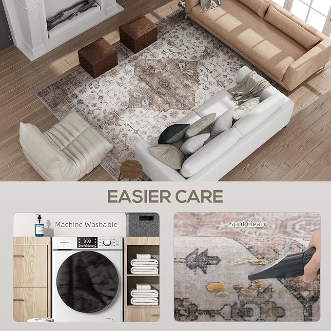 HOMCOM Washable Area Rug, 5'x7' Vintage Indoor Distressed Carpet, Retro Floor Cover Foldable, Floral Print Mat for Living Room, Bedroom, Dining Room, Tan