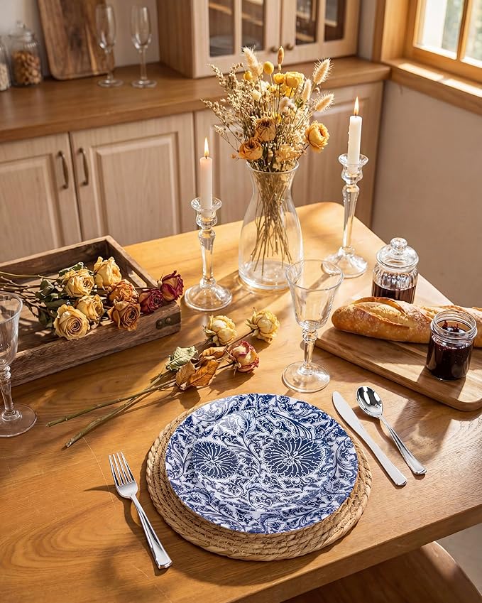 Hioasis 60pcs Plastic Disposable Plates Set - Blue Dandelion & Blue Leaf Pattern, 10.25 Dinner & 7.5 Dessert Plates for Wedding,Anniversary,Party and Holiday