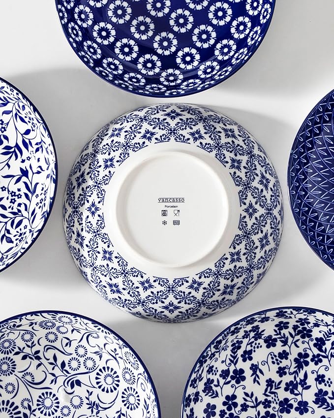 vancasso 50 oz Large Pasta Bowls Set of 6, Porcelain Serving Bowls, 9.5 Inch Wide Shallow Salad & Soup Bowls, Kitchen Pasta Plates, Microwave and Dishwasher Safe, Blue White Floral Design