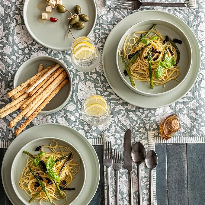 over&back Stackable Dinner Bowl Set - Stoneware Dishes - Comes with 4 Dinner Bowls - All-Occasion Place Settings Perfect for Pasta, Salads, Snacks - 8.3" x 8.3" x 1.9" - 40oz - Semi-Matte Sage