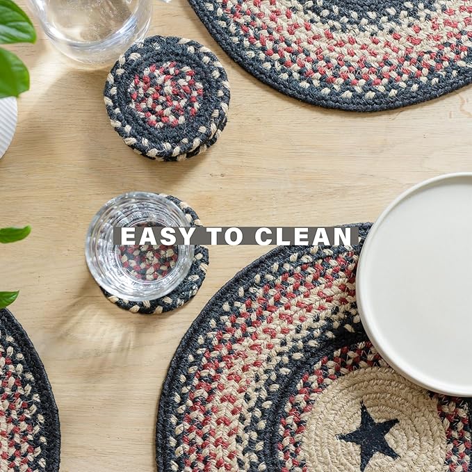 Homespice Primitive Star Gloucester Jute Braided Trivets for Table - Set of 6, Round 8", Black & Red - Rich Colors, Easy to Clean, Durable and Protects Furniture