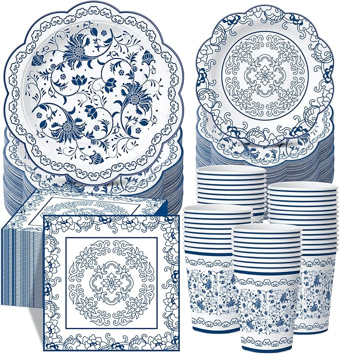 Pickmesh 250 Pcs Blue White Floral Disposable Tableware Set Blue and White Porcelain Pattern Disposable Paper Plates Napkins and Cups for Chinoiserie Baby Shower Birthday Wedding Tea Party Supplies