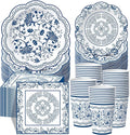 Pickmesh 250 Pcs Blue White Floral Disposable Tableware Set Blue and White Porcelain Pattern Disposable Paper Plates Napkins and Cups for Chinoiserie Baby Shower Birthday Wedding Tea Party Supplies