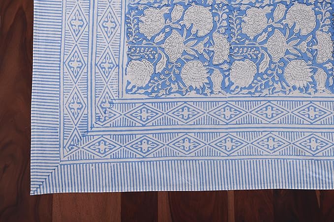 ATOSII Azora Blue 100% Cotton Rectangle Summer Tablecloth, Block Print Floral Table Cloth for Dining, Outdoors, Parties, Weddings I Grand Millenial Decor 60 X 90 Inches I 6 Seater I Memorial Day