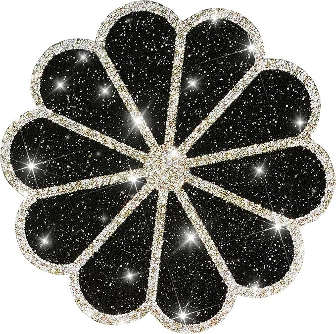 Washable Waterproof Diamond Circle Placemats for Round Tablescape Decor for Dinner and Kitchen Bling Placemats for Weddings & Special Events (Black)-12PCS
